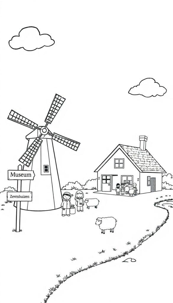 Kleurplaat van een landelijke scene met een molen, huis, schapen, kinderen en wolken