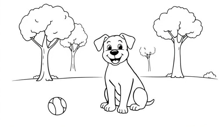 Kleurplaat van een blijde hond met flaporen die naar voren kijkt, met een bal voor zich en een achtergrond van bomen en struiken.