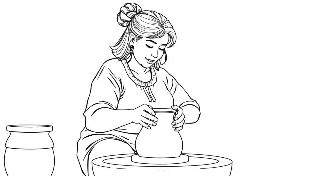 Kleurplaat van een dikke vrouw met halflang haar en een knot die potten bakt op een draaischijf, met een andere pot op de tafel.