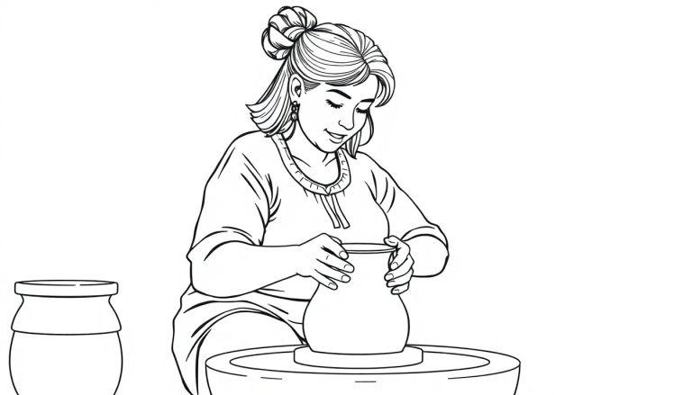 Kleurplaat van een dikke vrouw met halflang haar en een knot die potten bakt op een draaischijf, met een andere pot op de tafel.