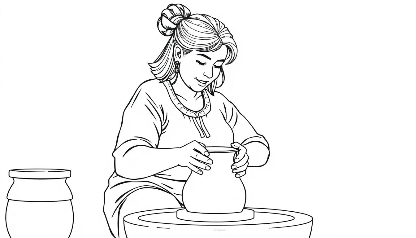Kleurplaat van een dikke vrouw met halflang haar en een knot die potten bakt op een draaischijf, met een andere pot op de tafel.
