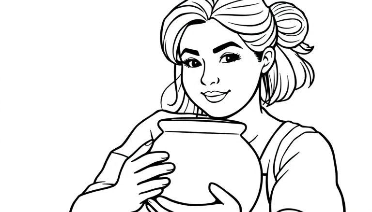 Kleurplaat van een vriendelijke, dikke vrouw met halflang haar en knot die een pot vasthoudt.