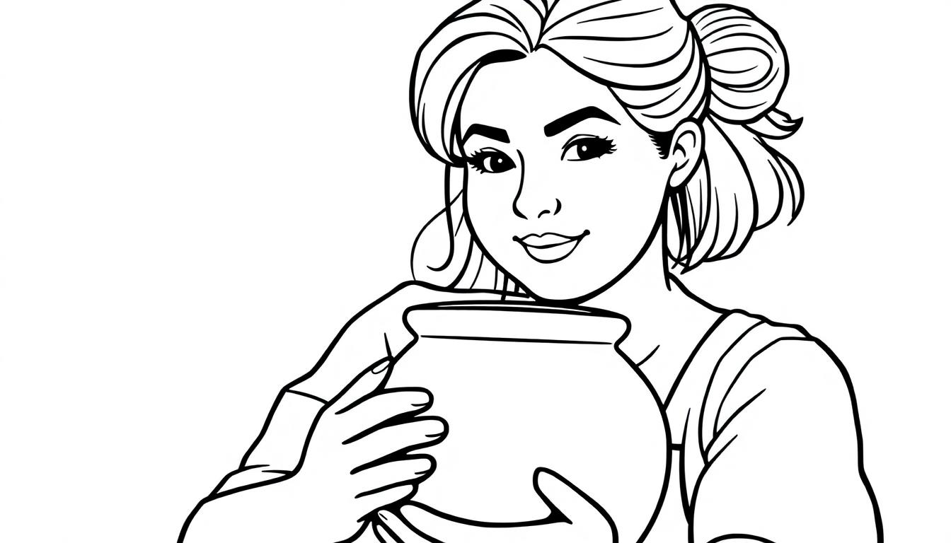 Kleurplaat van een vriendelijke, dikke vrouw met halflang haar en knot die een pot vasthoudt.