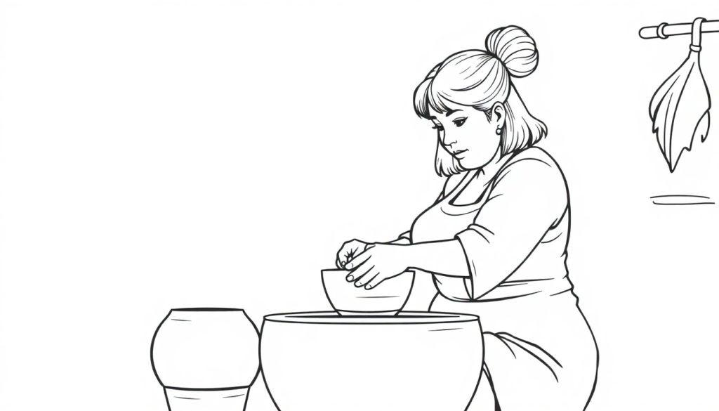 Kleurplaat van een vrouw die in de keuken bezig is met een kom en potten, met haar haar in een knot en een schort aan.