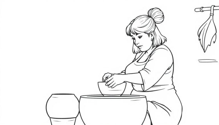 Kleurplaat van een vrouw die in de keuken bezig is met een kom en potten, met haar haar in een knot en een schort aan.