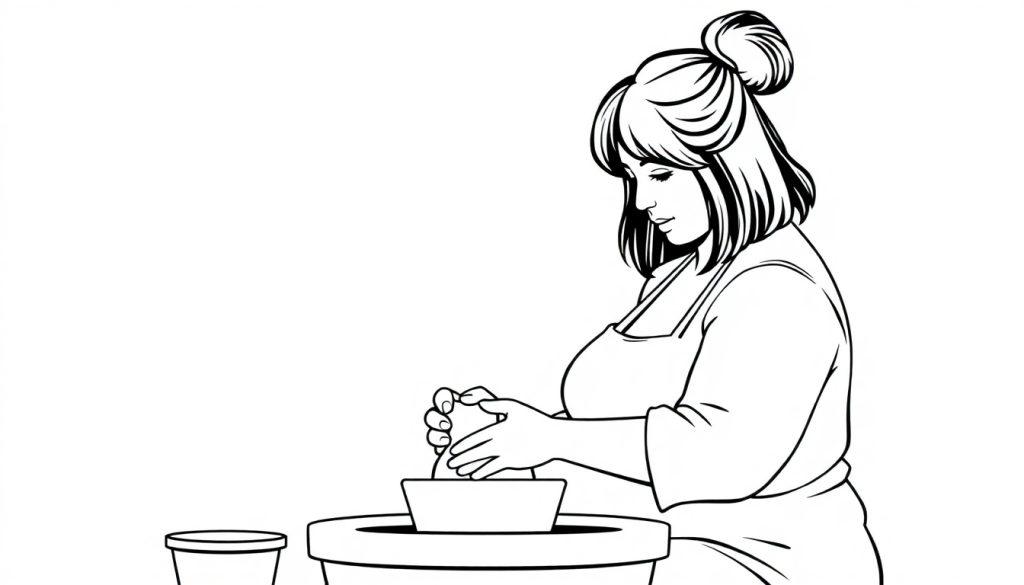 Kleurplaat van een vrouw die potten bakt op een draaischijf, met een schort en haar haar in een knot