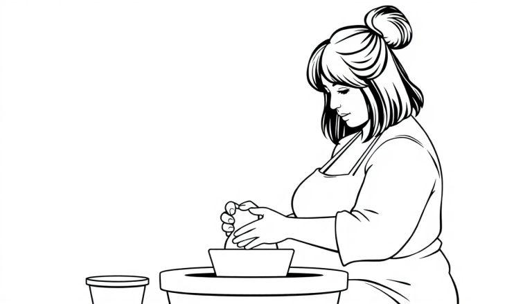 Kleurplaat van een vrouw die potten bakt op een draaischijf, met een schort en haar haar in een knot