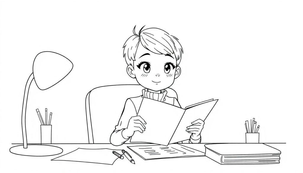 Kleurplaat van een jong persoon met een vriendelijke uitstraling die aan een bureau zit en leest, met een lamp, pennen, en papieren op het bureau.