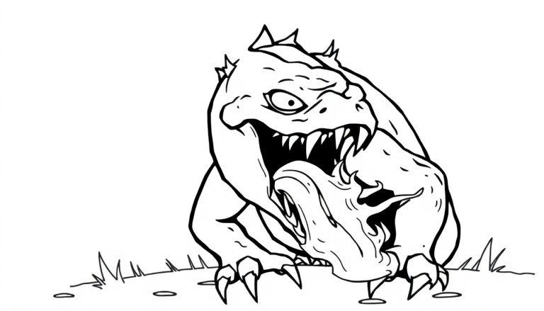 Kleurplaat van een angstaanjagend monster met scherpe tanden en vuurrode tong.