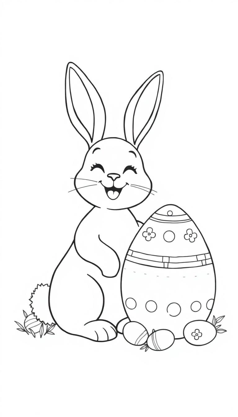 Een kleurplaat van een schattige cartoonachtige paashaas met lange oren die lachend een mand met eieren vasthoudt.