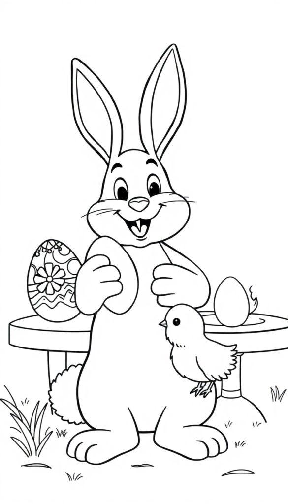 Een schattige paashaas met grote oren en glimlach, die een paasei vasthoudt en met een kuikentje op zijn poot zit. Op een tafel liggen versierde en gebarsten eieren. Op de achtergrond groen gras. Een leuke paas-kleurplaat voor kinderen.