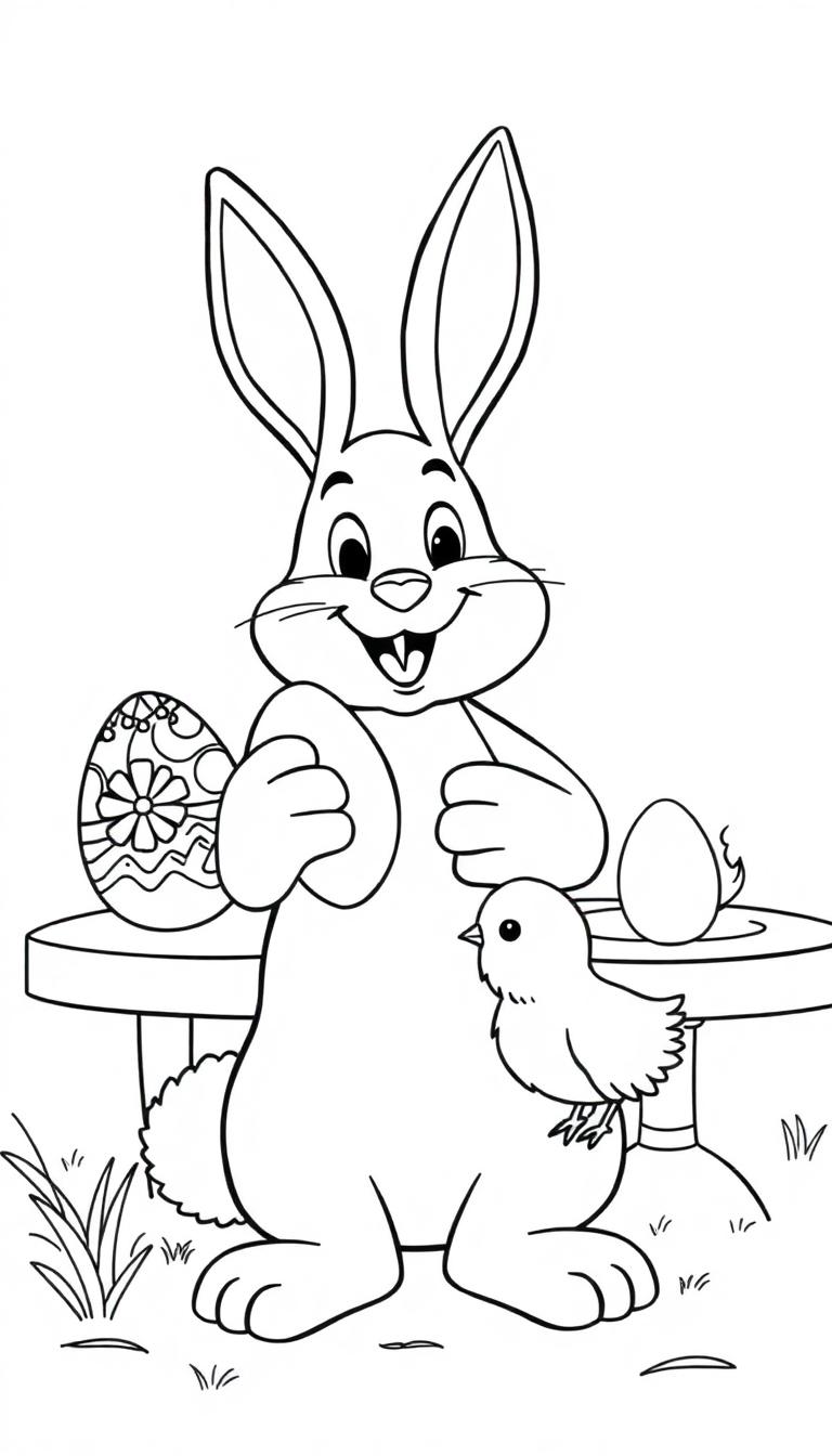 Een schattige paashaas met grote oren en glimlach, die een paasei vasthoudt en met een kuikentje op zijn poot zit. Op een tafel liggen versierde en gebarsten eieren. Op de achtergrond groen gras. Een leuke paas-kleurplaat voor kinderen.