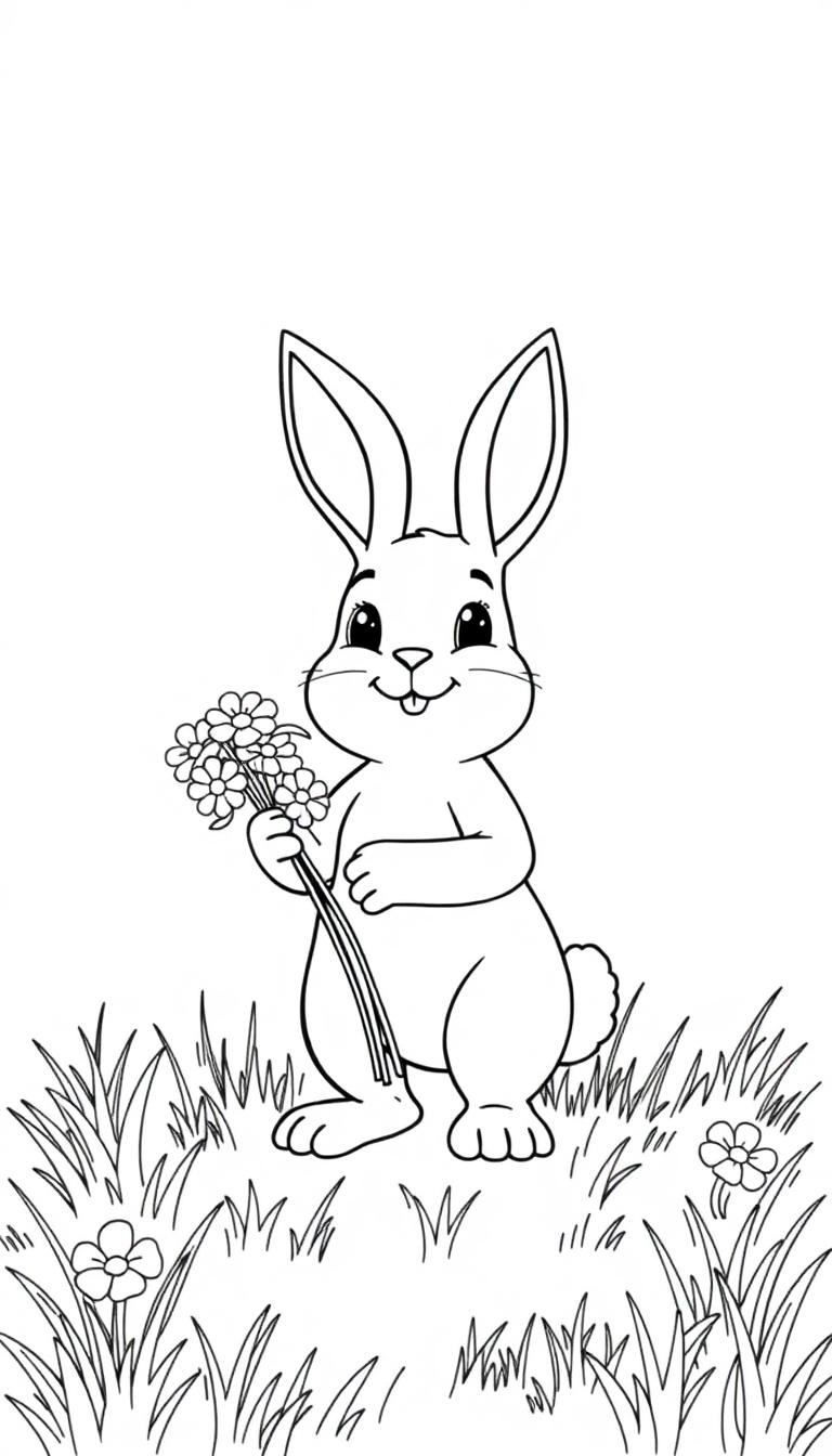 Zwart-wit kleurplaat van een schattig konijn dat een bosje bloemen vasthoudt in een weide.