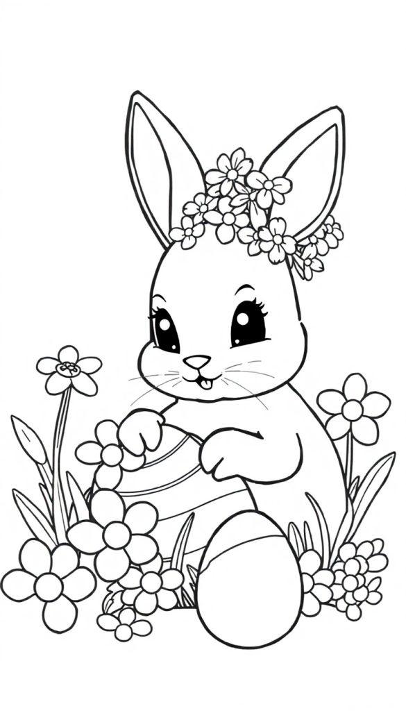 Kleurplaat van een schattig konijntje met bloemenkrans, dat tussen bloemen zit met een mandje en een grote paasei naast zich.