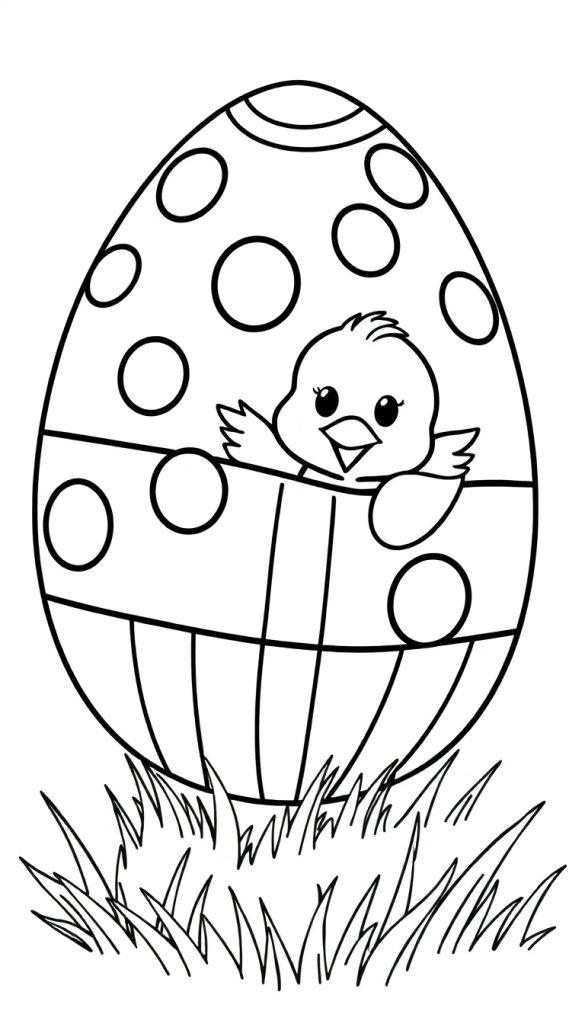 Kleurplaat van een groot versierd paasei met stippen en strepen, met een opengebroken ei en een lachend kuikentje eruit, in gras.