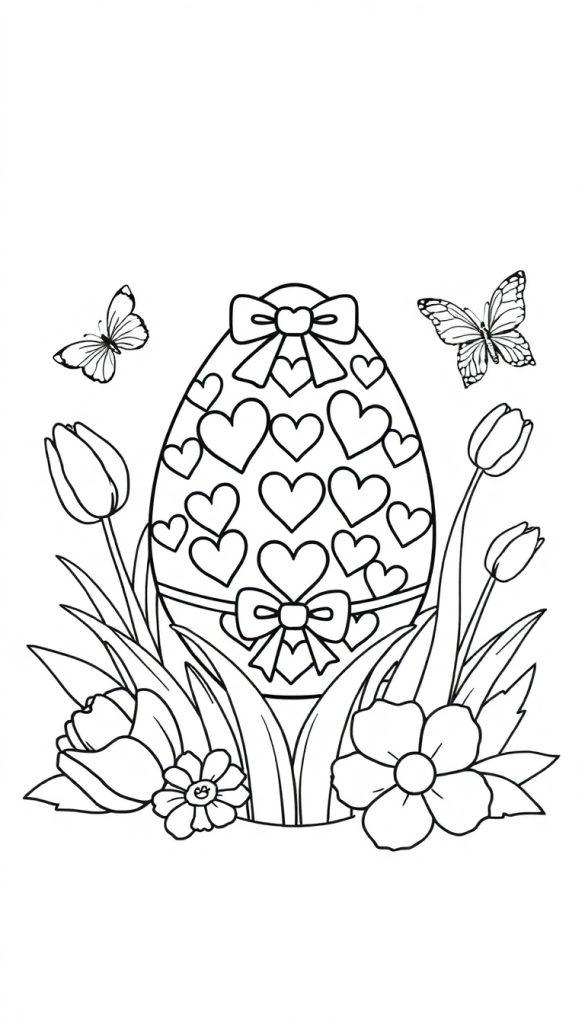 Kleurplaat met groot paasei versierd met hartjes en strik, bloemen en twee vliegende vlinders, klaar om ingekleurd te worden.