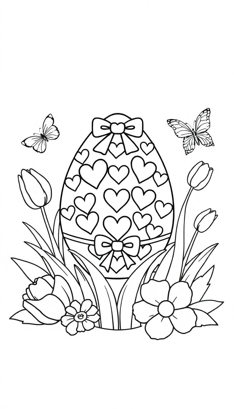 Kleurplaat met groot paasei versierd met hartjes en strik, bloemen en twee vliegende vlinders, klaar om ingekleurd te worden.