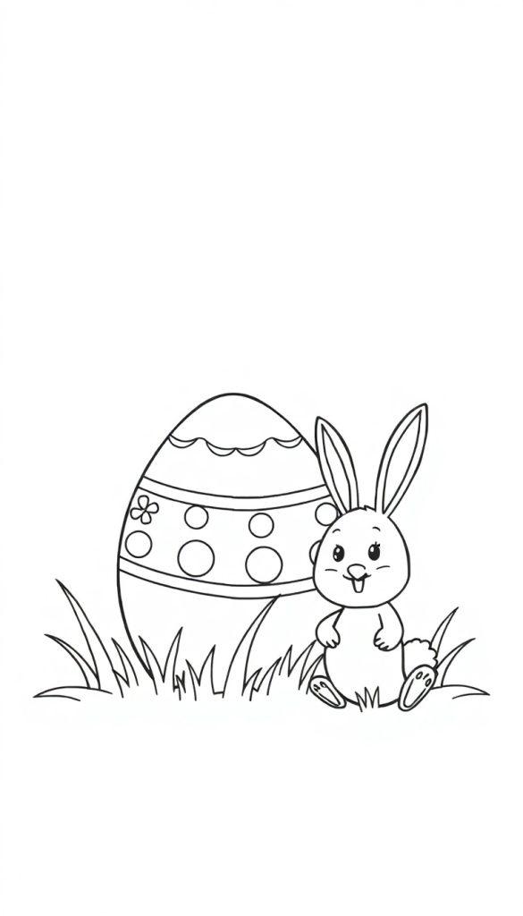 Kleurplaat van een schattig konijntje met grote oren zittend in het gras naast een groot, decoratief paasei met patronen, ideale kleurplaat voor Pasen.