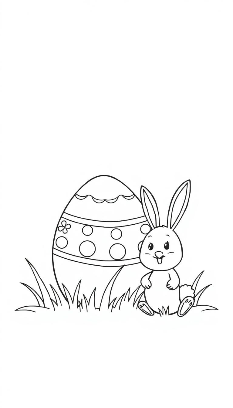 Kleurplaat van een schattig konijntje met grote oren zittend in het gras naast een groot, decoratief paasei met patronen, ideale kleurplaat voor Pasen.