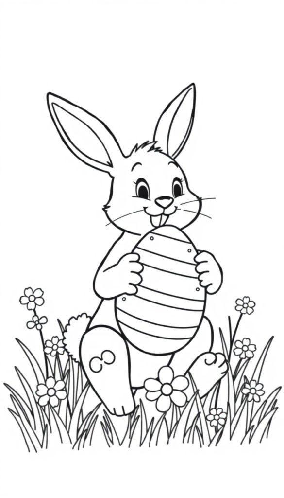 Kleurplaat van schattig konijntje in bloemenveld dat een paasei vasthoudt