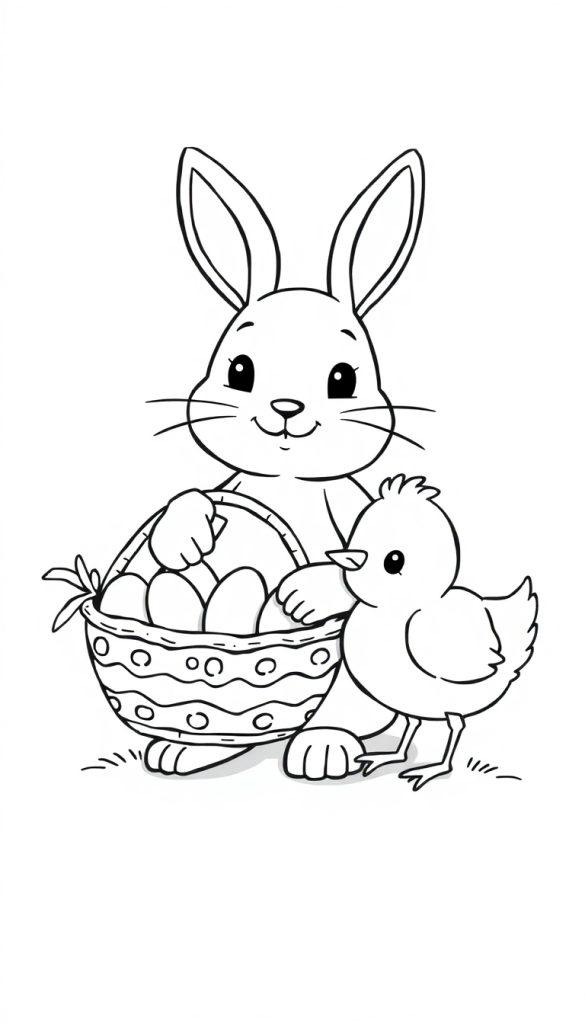 Kleurplaat van een schattig konijn en een kuikentje, met een mand vol eieren, getekend in zwart-wit.