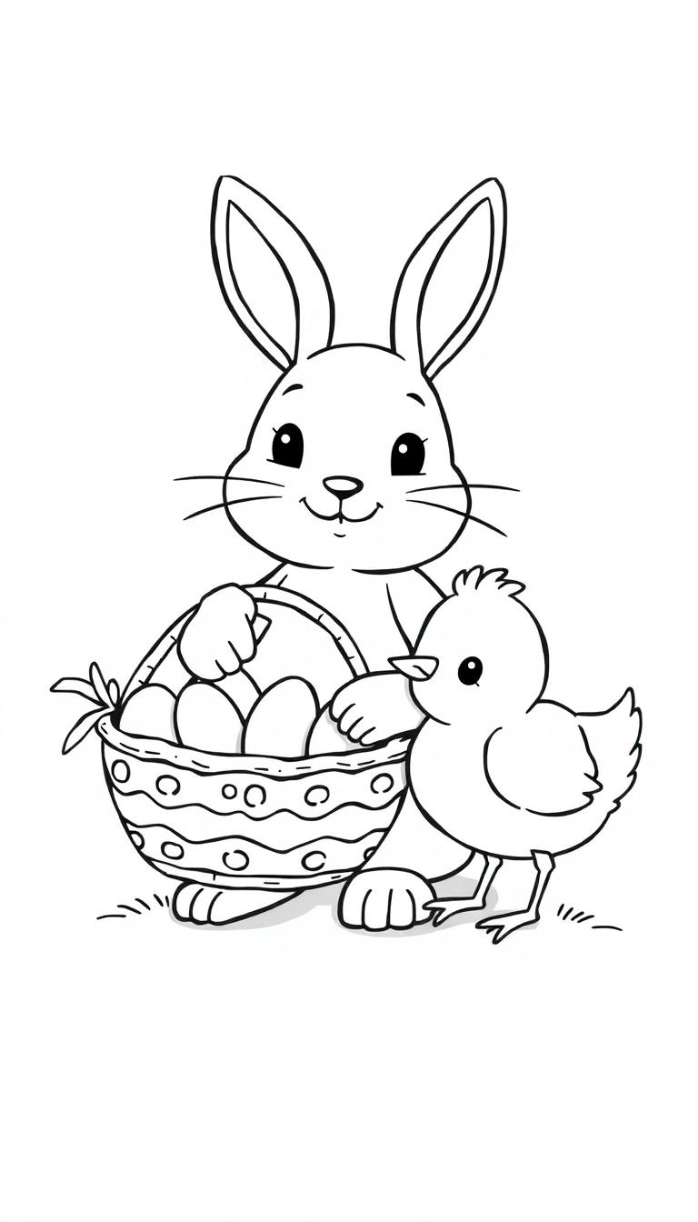 Kleurplaat van een schattig konijn en een kuikentje, met een mand vol eieren, getekend in zwart-wit.