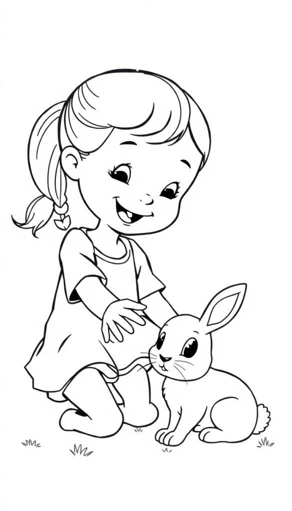 Kleurplaat van een blij meisje met een paardenstaart die een konijntje op haar knieën aait