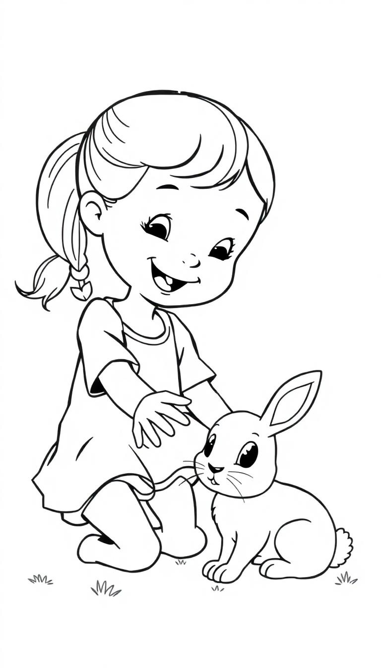 Kleurplaat van een blij meisje met een paardenstaart die een konijntje op haar knieën aait