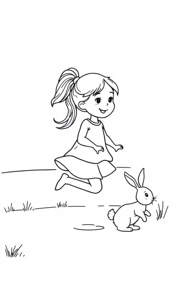 Kleurplaat van een meisje met een paardenstaart die vrolijk een konijntje achter zich aan huppelt, in een buitenscène met grassprietjes.