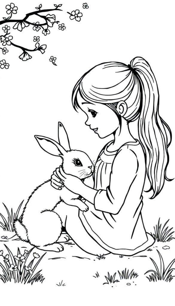 Kleurplaat van een meisje met een paardenstaart die een konijntje vasthoudt, zittend op het gras met bloemen en een tak met bloesems in de hoek.