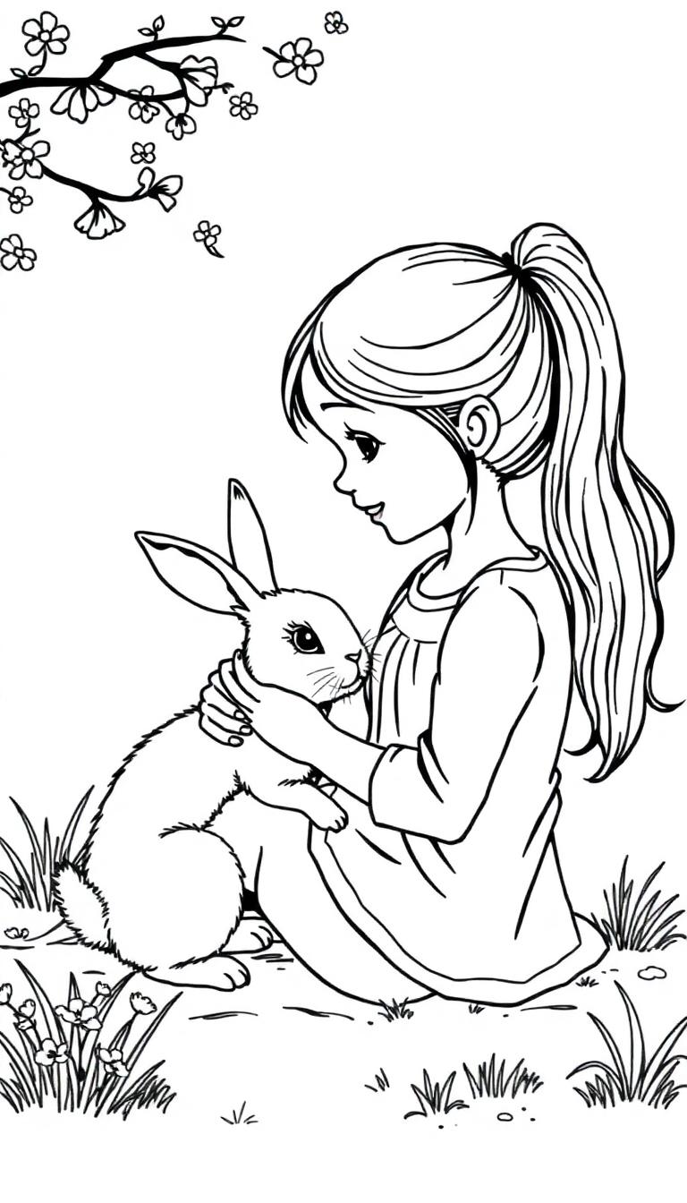 Kleurplaat van een meisje met een paardenstaart die een konijntje vasthoudt, zittend op het gras met bloemen en een tak met bloesems in de hoek.