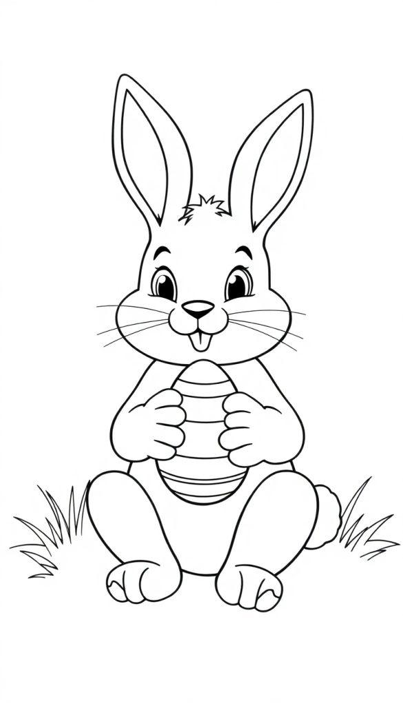 Zwart-wit kleurplaat van een schattig konijntje dat een paasei vasthoudt, met gras eromheen.