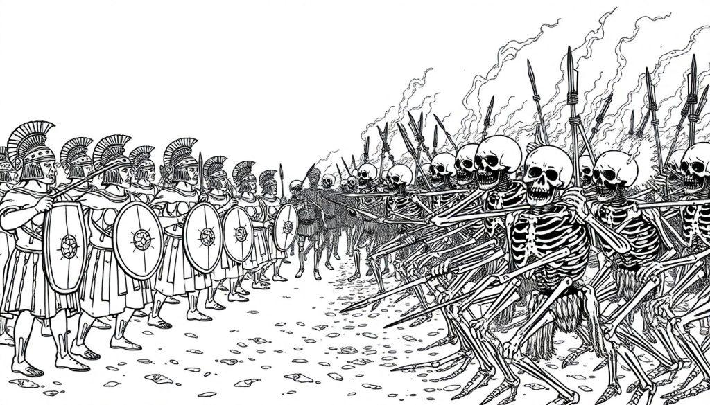 Kleurenplaat van een strijd tussen een leger van Romeinse soldaten en een leger van skeletten met vlammen