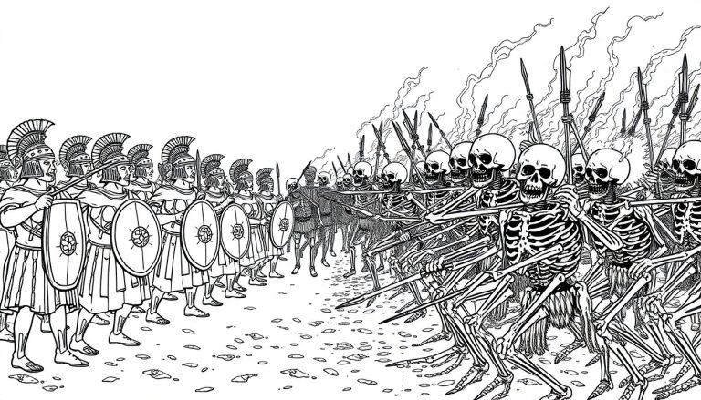 Kleurenplaat van een strijd tussen een leger van Romeinse soldaten en een leger van skeletten met vlammen