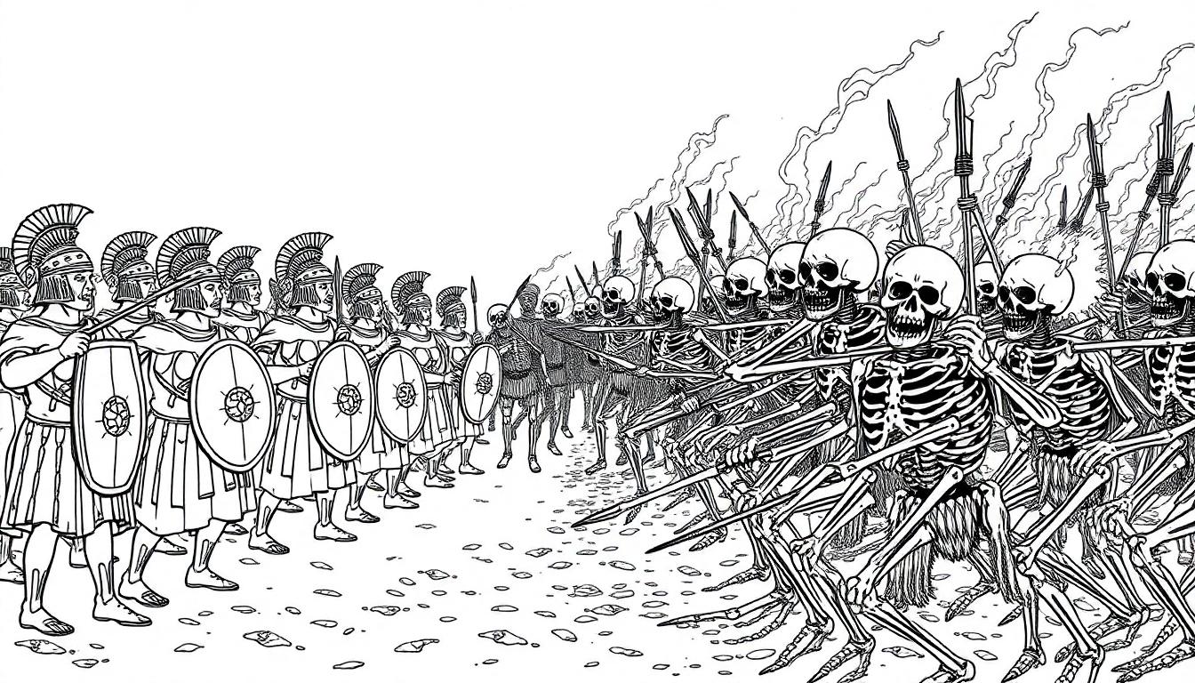 Kleurenplaat van een strijd tussen een leger van Romeinse soldaten en een leger van skeletten met vlammen