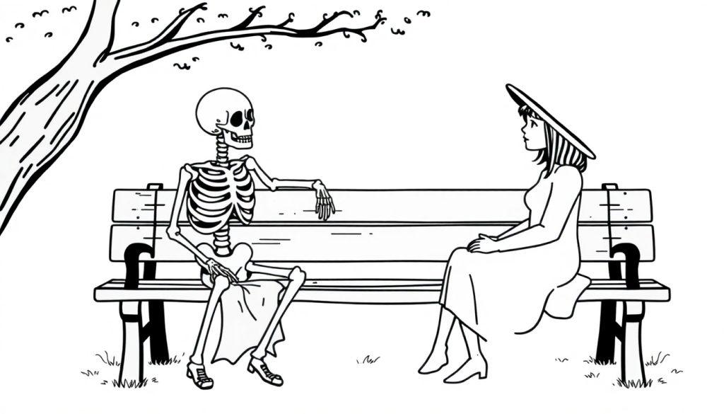 Kleurplaat van een bankje in het park met een lachend skelet en een vrouw in een jurk en hoed