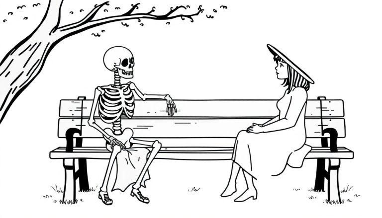 Kleurplaat van een bankje in het park met een lachend skelet en een vrouw in een jurk en hoed