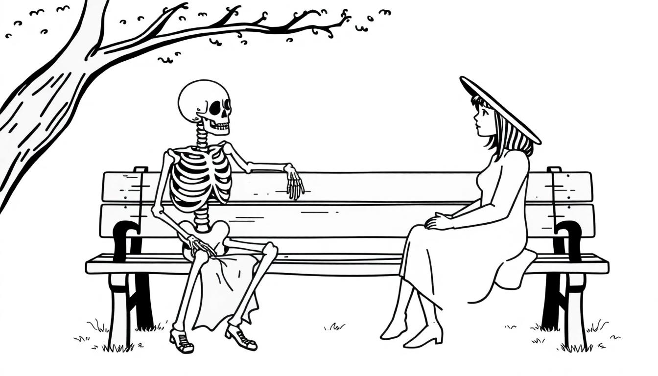 Kleurplaat van een bankje in het park met een lachend skelet en een vrouw in een jurk en hoed
