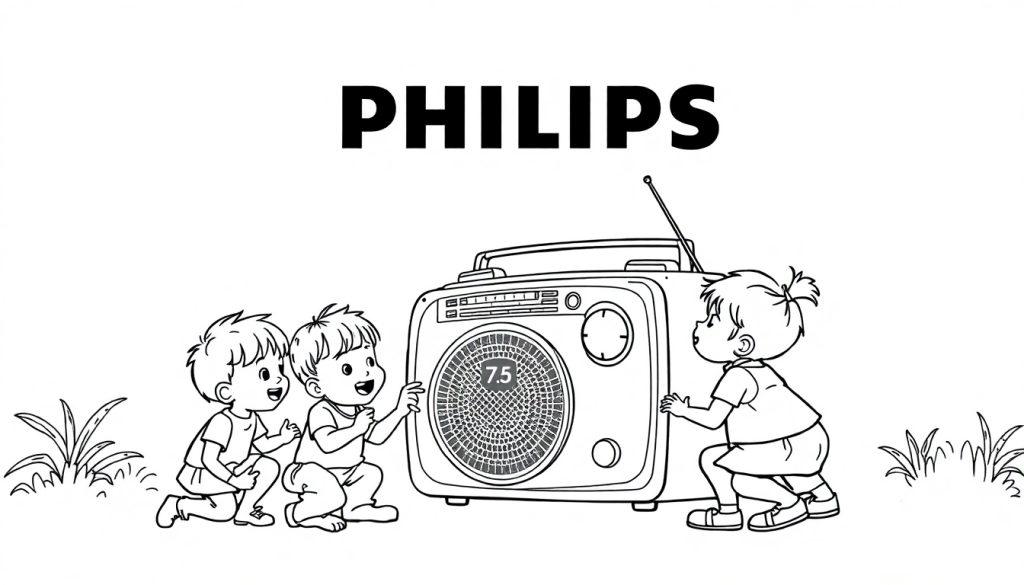Kleurplaat van drie blije kinderen die naar een oude Philips radio kijken, buiten met planten op de zijkanten.