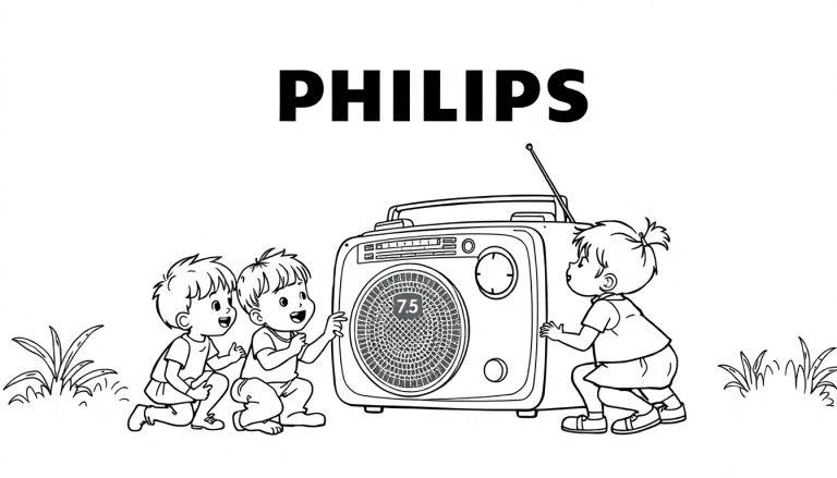 Kleurplaat van drie blije kinderen die naar een oude Philips radio kijken, buiten met planten op de zijkanten.