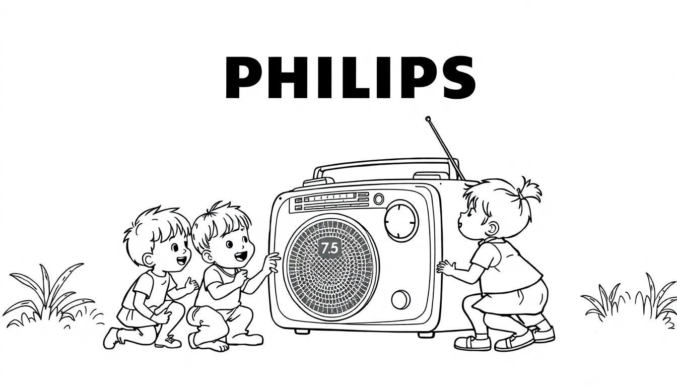 Kleurplaat van drie blije kinderen die naar een oude Philips radio kijken, buiten met planten op de zijkanten.