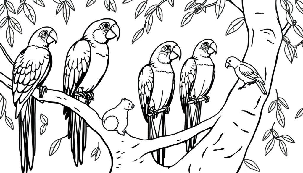 Kleurplaat van een boom met vier papegaaien, een klein zoogdier, en een kleinere vogel, allemaal klaar om ingekleurd te worden.