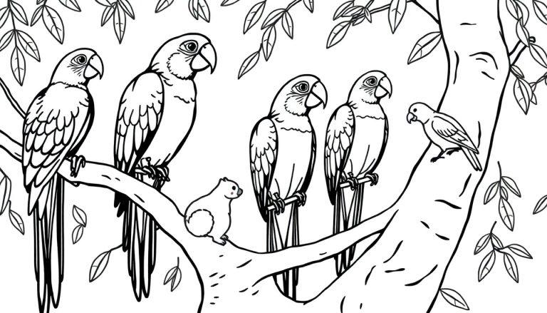 Kleurplaat van een boom met vier papegaaien, een klein zoogdier, en een kleinere vogel, allemaal klaar om ingekleurd te worden.