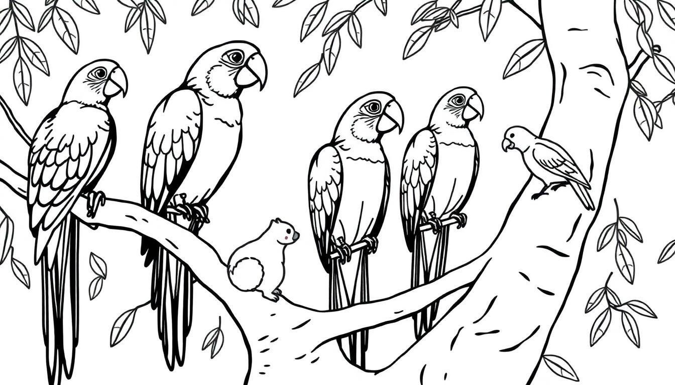 Kleurplaat van een boom met vier papegaaien, een klein zoogdier, en een kleinere vogel, allemaal klaar om ingekleurd te worden.