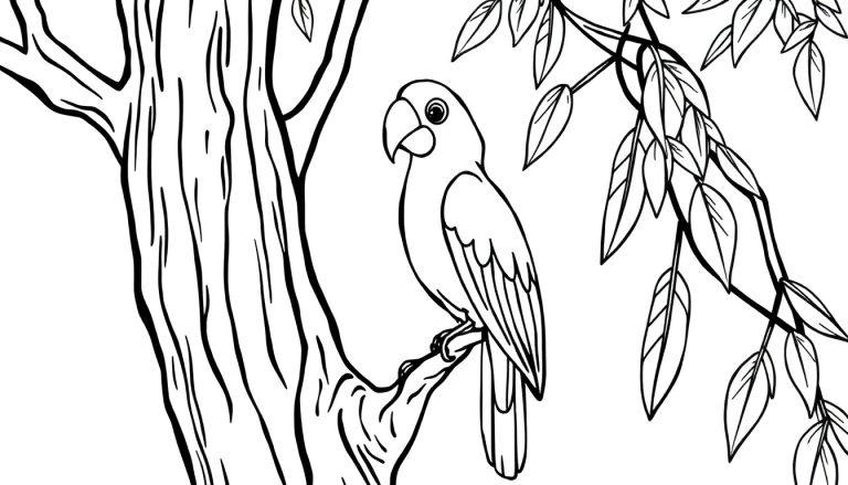 Een kleurplaat van een papegaai op een tak in een boom, klaar om ingekleurd te worden.