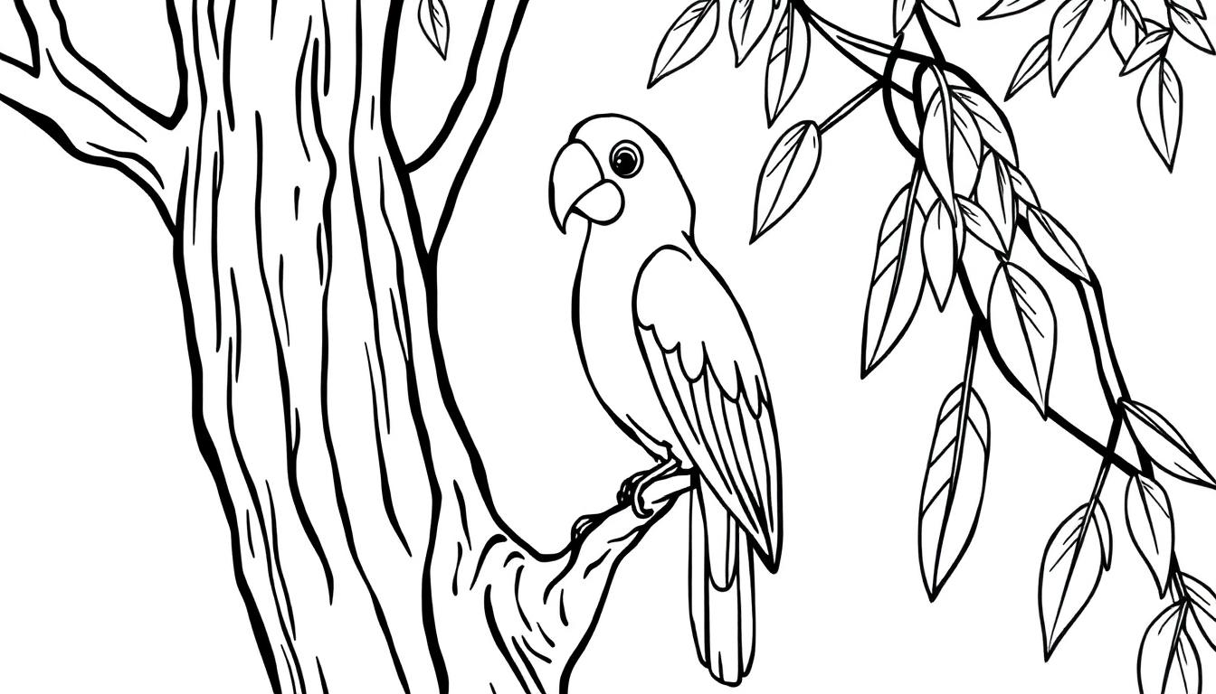 Een kleurplaat van een papegaai op een tak in een boom, klaar om ingekleurd te worden.