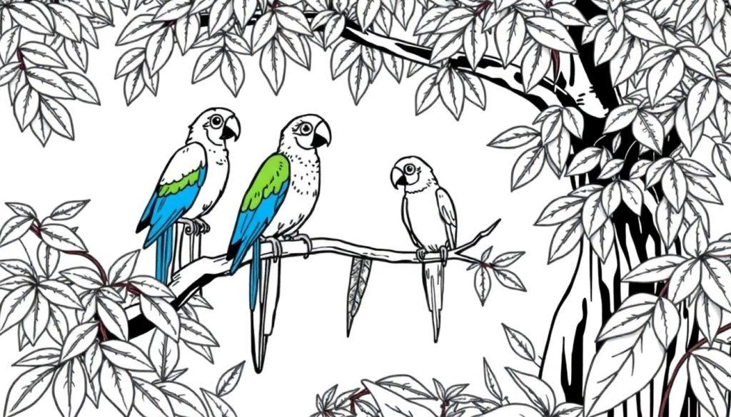 Een kleurplaat van een bos met drie papegaaien op een tak, omgeven door bladeren en takken.