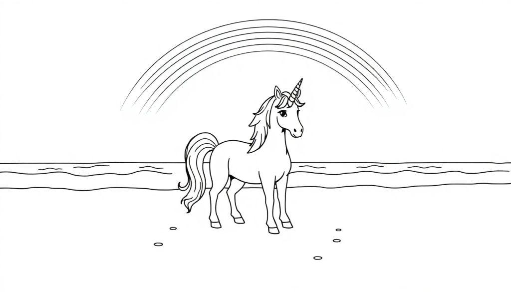 Kleurplaat van een eenhoorn op het strand met een regenboog erboven, klaar om ingekleurd te worden.
