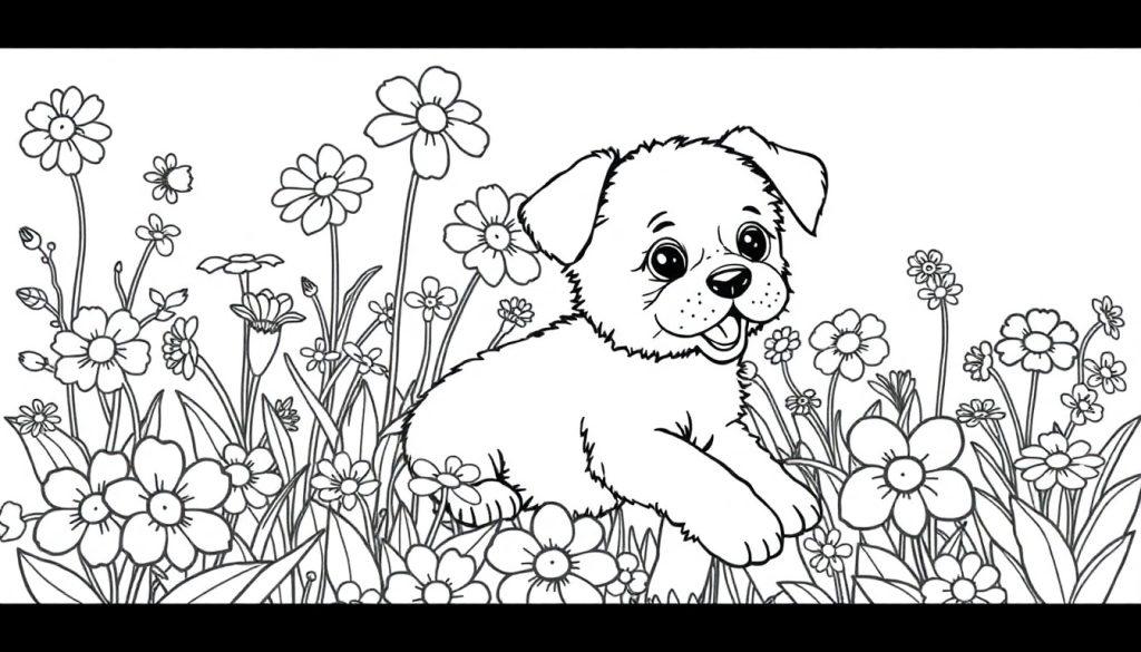 Zwart-wit kleurplaat van een schattige puppy in een bloemenveld, klaar om ingekleurd te worden, geschikt voor kinderen.