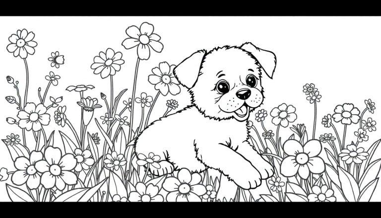 Zwart-wit kleurplaat van een schattige puppy in een bloemenveld, klaar om ingekleurd te worden, geschikt voor kinderen.